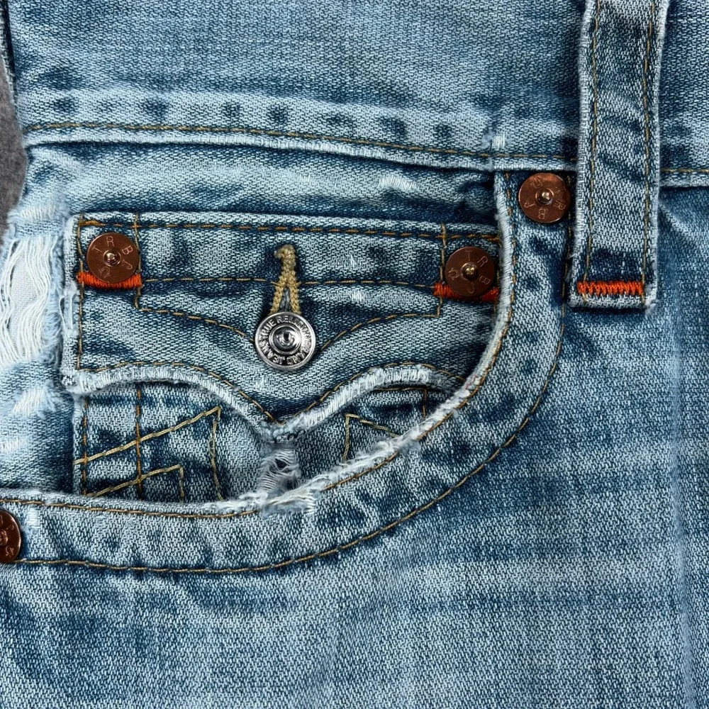 True Religion World Tour Straight Flap Jeans Mens 30 Light Wash Distressed Y2K